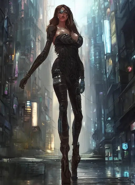 Image similar to a beautiful woman walking through a cyberpunk city, full body, realistic, highly detailed, science fiction portrait by laura sava