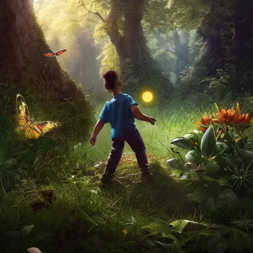 Prompt: incredible And fantastic android boy trying to touch a butterfly in the forest and the animals around him surround him, with a beautiful aura in the atmosphere, hyper realistic with many details, Greg rutkowski, Trending artstation, cinematographic, Octane Renderizado, unreal engine 5, cinema4D
