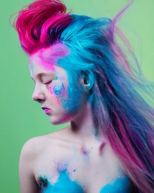 Image similar to a dramatic lighting photo of a beautiful young woman eva elfie with cotton candy hair. paint splashes. with a little bit of cyan and pink