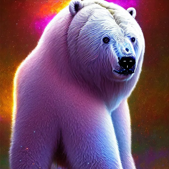 Image similar to bright psychedelic fluffy hairy cyborg polar bear, diffuse lighting, fantasy, intricate, elegant, highly detailed, lifelike, photorealistic, digital painting, artstation, illustration, concept art, smooth, sharp focus, art by John Collier and Albert Aublet and Krenz Cushart and Artem Demura and Alphonse Mucha