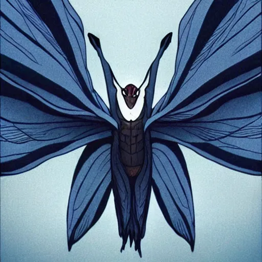 Image similar to photo of mothman with giant wings, cel animation by Junji Ito and Satoshi Kon, professionally post-processed , beautiful, scary, symmetry accurate features, epic, octane rendered, anime masterpiece, accurate