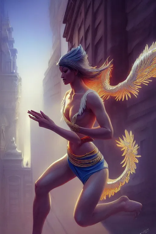 Prompt: angel doing tai - ji in street, angel is wearing t - shirt, hyper realistic, intricate, elegant, highly detailed, digital painting, artstation, concept art, matte, sharp focus art by boris vallejo and greg rutkowski, smooth, sharp focus, illustration