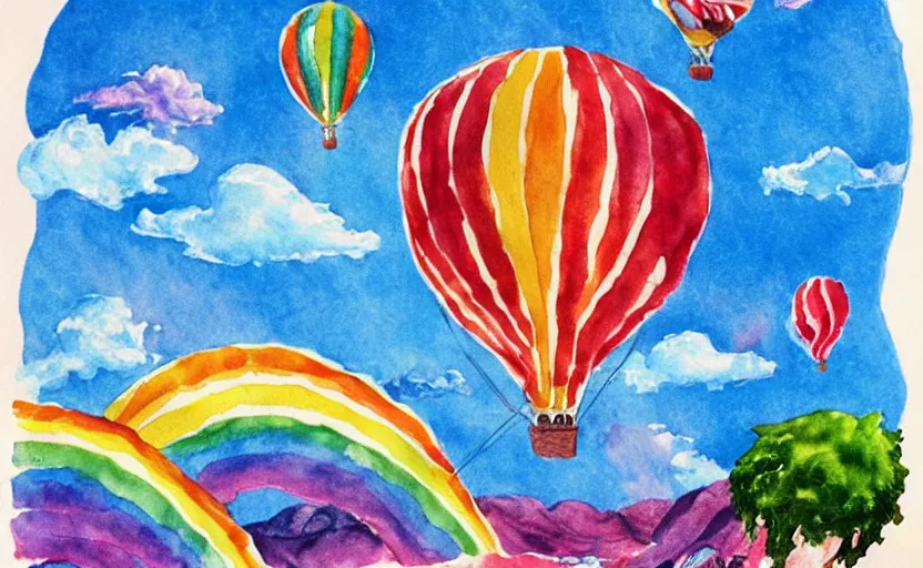 Image similar to hot air balloon flying through the sky, double rainbow, illustration by dr seuss, oh! the places you'll go, watercolor