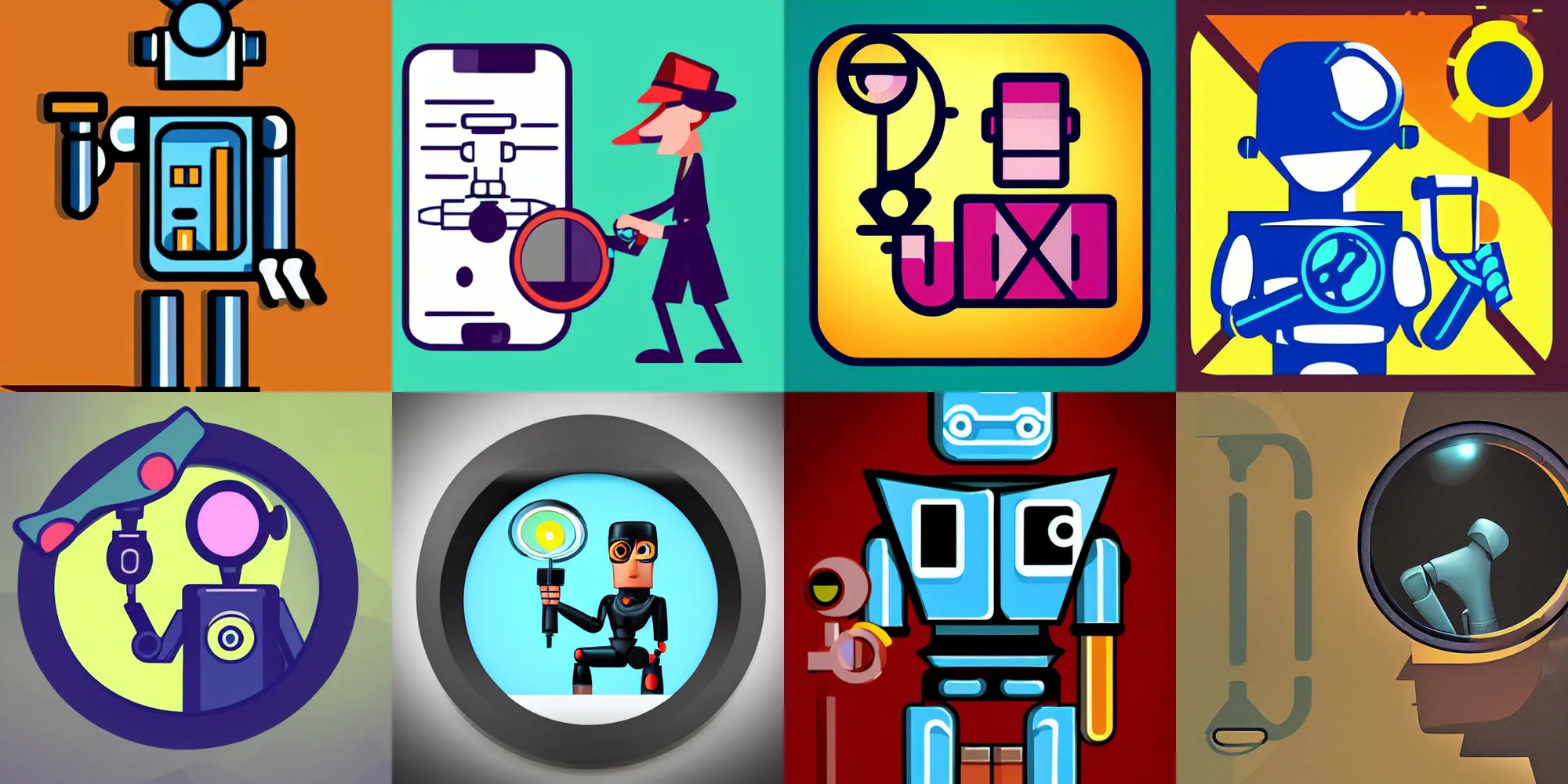 Prompt: an ios icon of a robot detective holding a magnifying glass, neofuturism, trending on art station, pixar