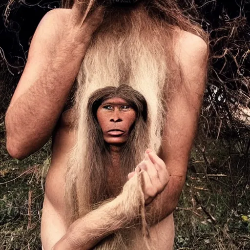 Image similar to “ a primitive pre human woman Neanderthal ,hairy body, posing for a photo with an iPhone in a trending fashion way, anthropology photography, National Geographic ”