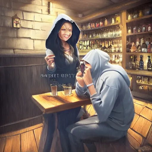Prompt: a beautiful happy barmaid trying to cheer up a gloomy guy wearing a hood, sitting in a dark pub at the corner , made by Stanley Artgerm Lau, WLOP, Rossdraws, ArtStation, CGSociety, concept art, cgsociety, octane render, trending on artstation, artstationHD, artstationHQ, unreal engine, 4k, 8k,