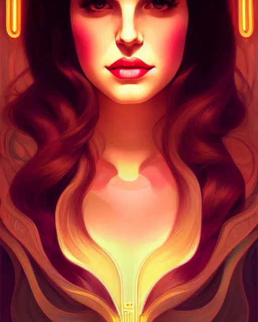 Image similar to symmetry portrait of lana del rey, glam, deco, glowing lights intricate, elegant, highly detailed, digital painting, artstation, concept art, smooth, sharp focus, illustration, art by artgerm and greg rutkowski and fra angelico and alphonse mucha