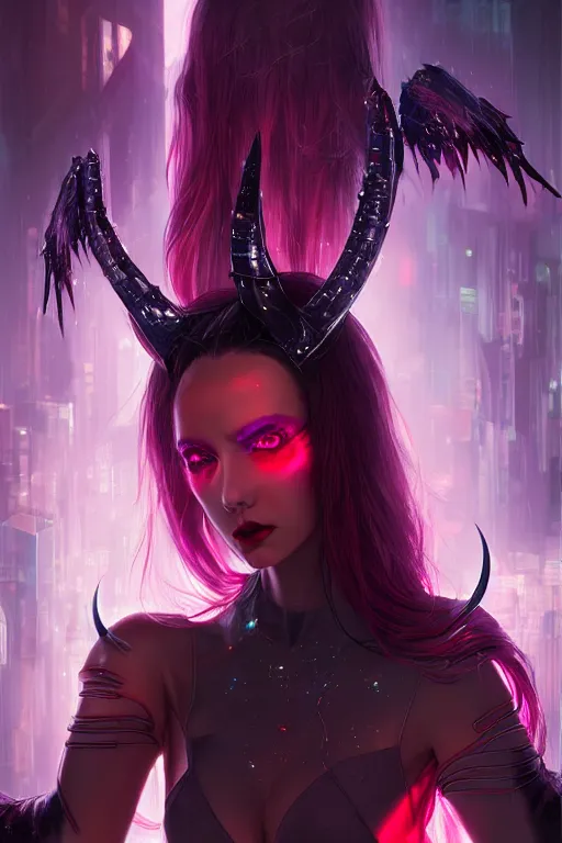 Image similar to portrait futuristic Devil Girl with horns and wings, in future cyberpunk tokyo rooftop , ssci-fi, fantasy, intricate, very very beautiful, elegant, human anatomy, neon light, highly detailed, digital painting, artstation, concept art, smooth, sharp focus, illustration, art by tian zi and WLOP and alphonse mucha