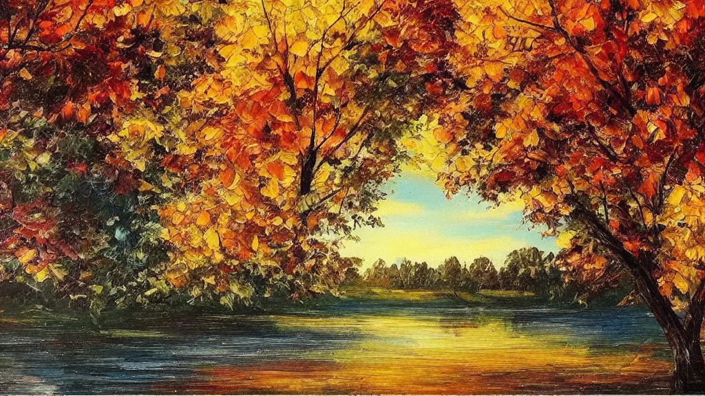 Image similar to beautiful panoramic landscape, oil painting, trees surrounding the reflective waters of a lake, gentle cloud cover and the sunbeams are falling through the gaps, the trees around have leaves the color of autumn,, by bob ross