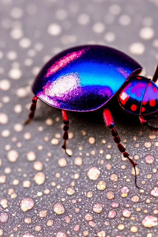 Image similar to high quality macro photo iridescent Red spotted crystal beetle! gorgeous highly detailed david ligare elson peter cinematic blue lighting high quality low angle hd 8k sharp shallow depth of field