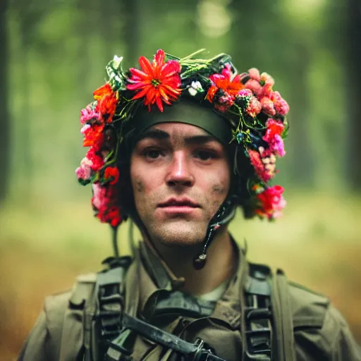 Image similar to close up kodak portra 4 0 0 photograph of a futuristic soldier in a flower crowd after the battle standing in dark forest, flower crown, moody lighting, telephoto, blurry background, faded