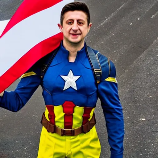 Image similar to Volodimir Zelensky as captain america holding an ukrainian flag on an urban battle field