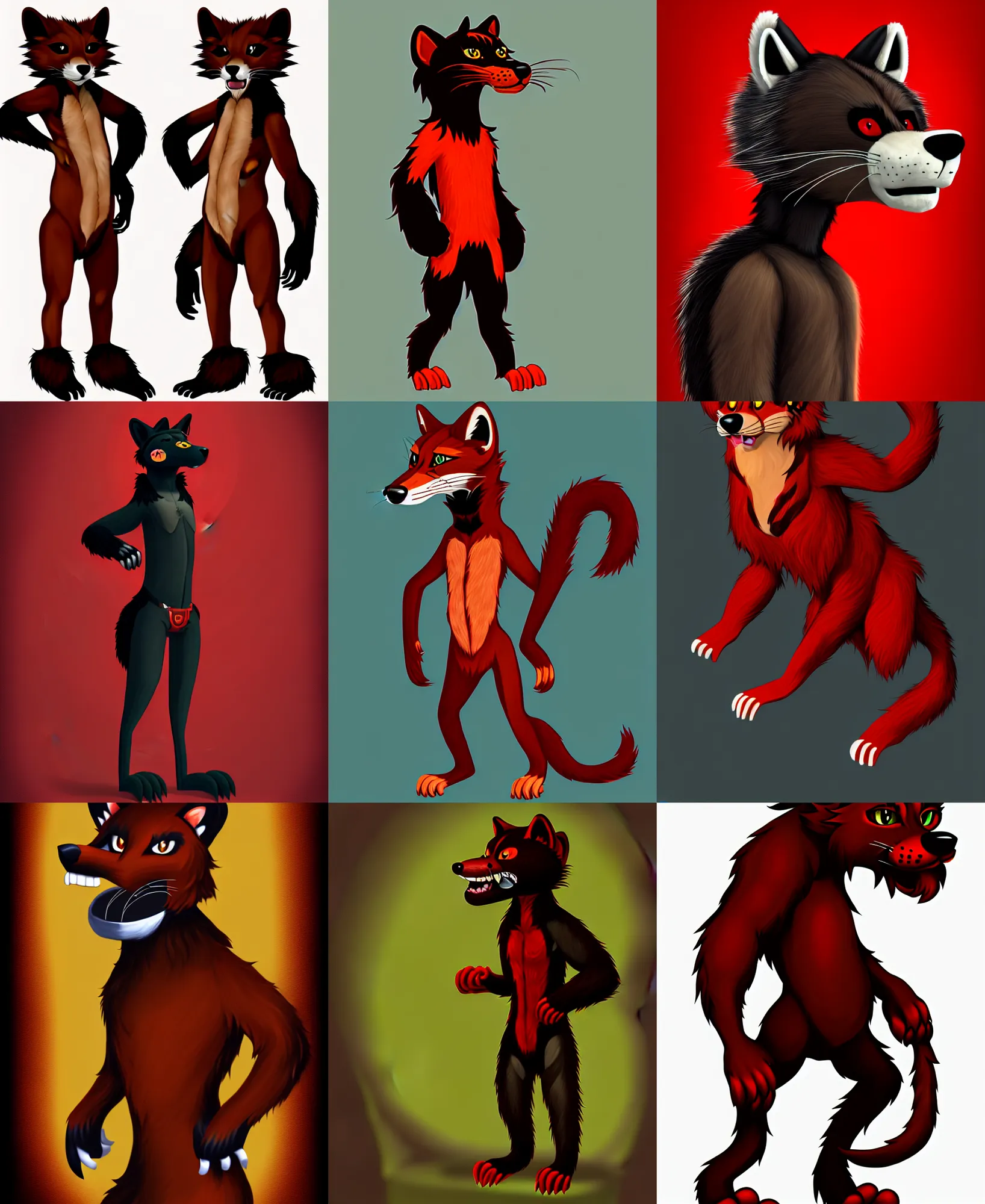 Prompt: fullbody photoshoot portrait of a roguish male red - black furred bipedal weasel furry fursona, photorealistic