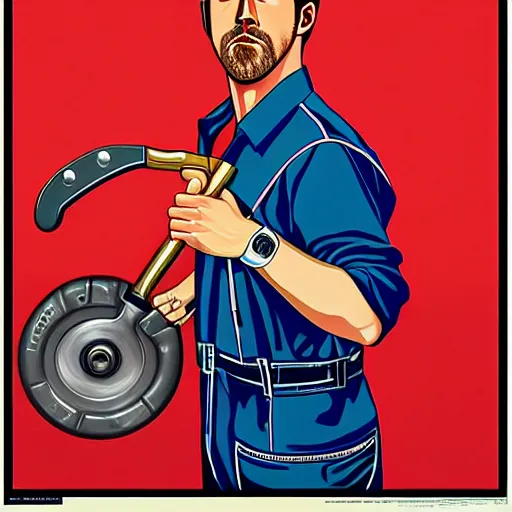 Prompt: realistic portrait of ryan gosling as a soviet mechanic, with a huge wrench, futuristic, highly detailed, 8 0 - s style poster, sharp focus, illustration, art by kawase hasui,