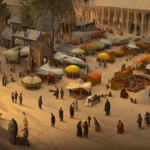 Image similar to a movimented medieval market painted by jan baptist huysmans, adorned architecture, birds, nature, middle east, epic painting, cgsociety, sand, beautiful, camel, semirealism, artstation, volumetric light, octane render, sharpness, 8 k, golden ratio