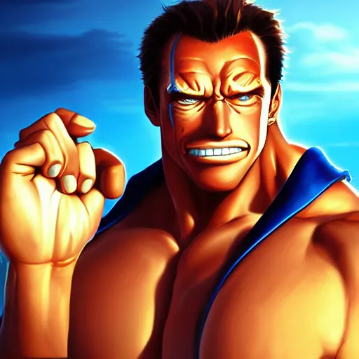 Image similar to Portrait of Schwarzenegger as a character of One Piece, mattepainting concept Blizzard pixar maya engine on stylized background splash comics global illumination lighting artstation lois van baarle, ilya kuvshinov, rossdraws