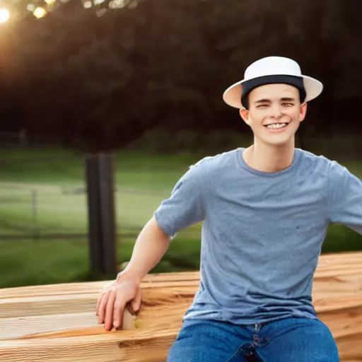 Image similar to upward photograph of a young man with a backward hat sitting on outdoor wooden bleachers next to a radio