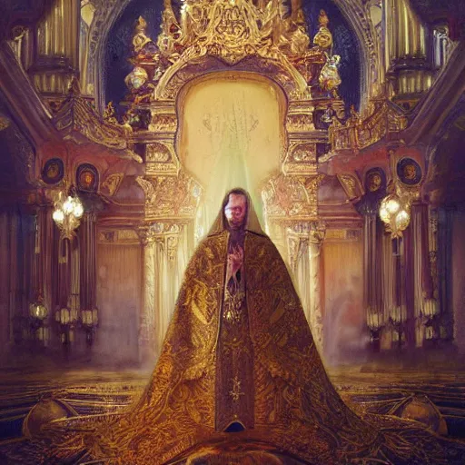 Image similar to kneeling before the pope, royal robe, gold trim, light effect, hyper detailed, intricate, atmospheric, elegant, photorealistic by paul lehr, marco mazzoni, featured on cgsociety, rococo, whimsical, artstation