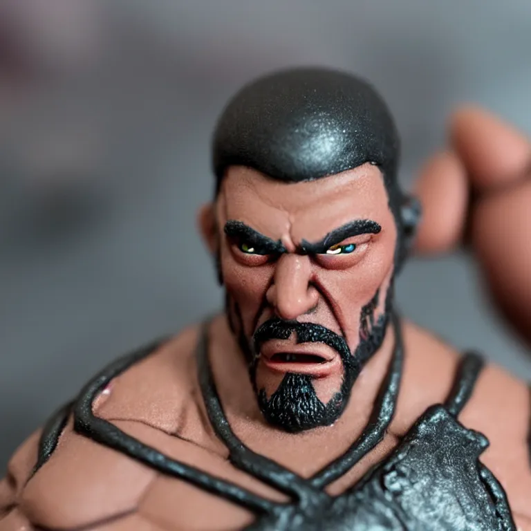 Image similar to a cinematic film still of a claymation stop motion film starring marcus fenix, shallow depth of field, 8 0 mm, f 1. 8