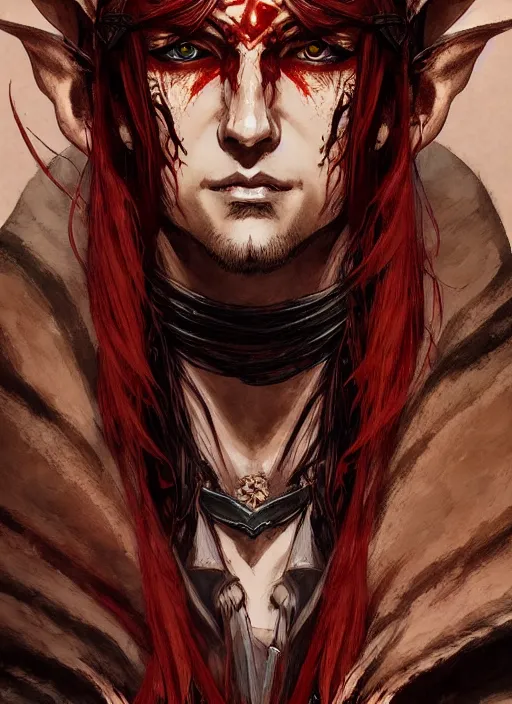 Image similar to Half body portrait of a handsome elf fire mage with long brown hair wearing ornate scarlet robe, scarred face. In style of Yoji Shinkawa and Hyung-tae Kim, trending on ArtStation, dark fantasy, great composition, concept art, highly detailed, dynamic pose.