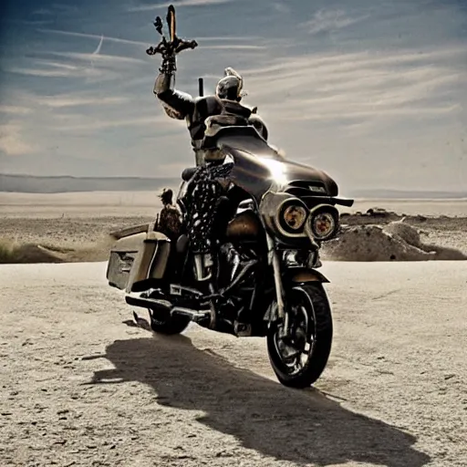 Image similar to el cid campeador conquistando marte subido en una harley davidson