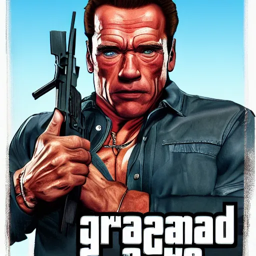 Image similar to Arnold Schwarzenegger in GTA V, cover art by Stephen Bliss, artstation, no text