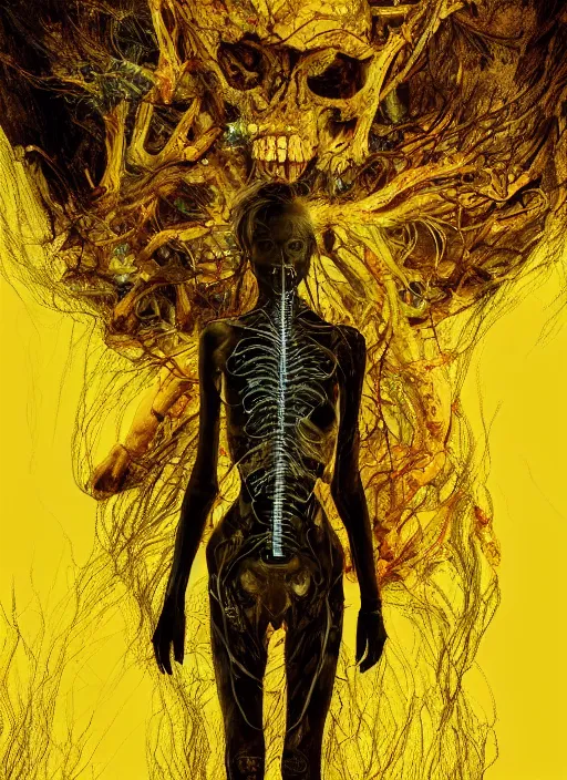 Prompt: masterpiece, emily ratajkowski , bones and veins, biopunk clothes, body horror, yellow glowing background, gustav dore, zdzislaw beksinksi, Ross Tran