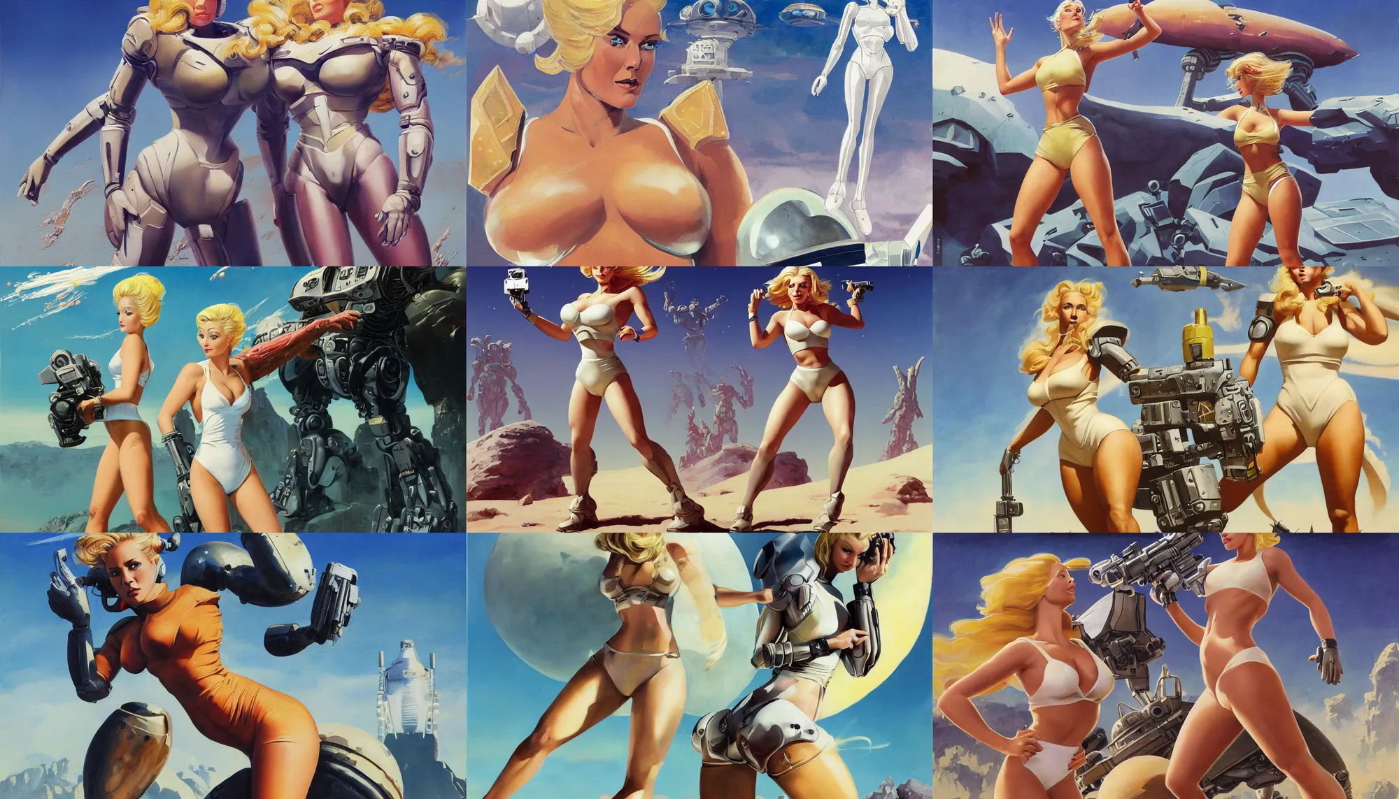 Prompt: A mixed media portrait painting of a beautiful blonde woman running on an alien planet, very curvy, aesthetic! high-waisted white-bikini-armor and boots, holding a ray-gun, aesthetic symmetrical face and eyes, model, wet, pacific-rim-mech in background, by Frank Frazetta, Boris Vallejo, Beeple, Greg Rutkowski, Christian MacNevin, eighties-pinup style, epic fantasy character art, high fantasy, CGsociety, exquisite detail, post-processing, masterpiece, cinematic