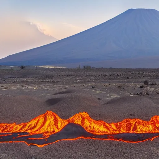 Prompt: a photo of a lavic desert where trees grow high and the etna in the background erupts bug stream of lava