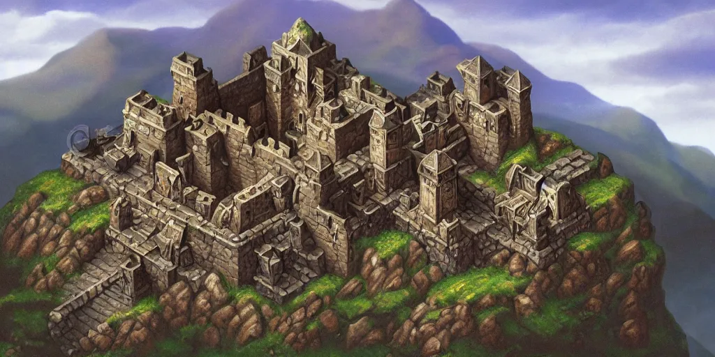Prompt: isometric view of a dwarven fortress at the edge of a mountain range, matte oil painting, landscape, medieval fantasy, epic, capital site, smelters, forges, waterwheels, chiseled architecture, ornate, trading depots, extremely detailed, sharp focus