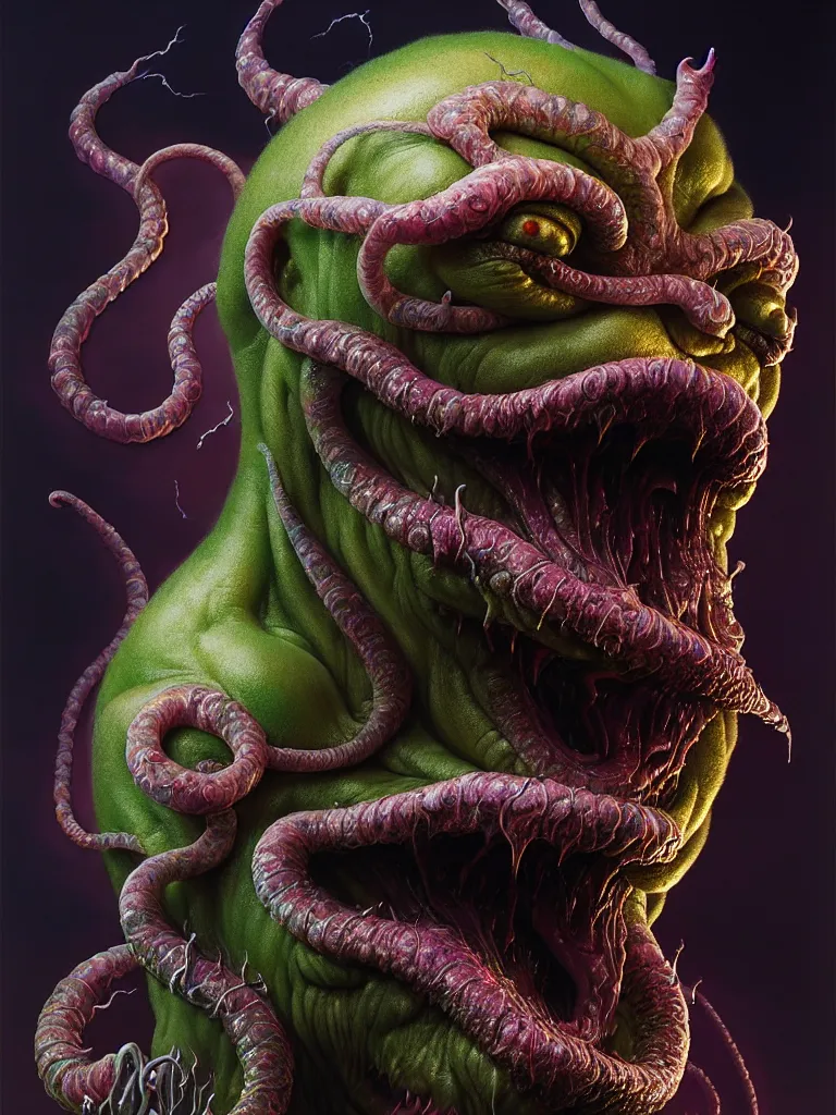 Image similar to hyperrealistic rendering, fat smooth cronenberg flesh monster d & d displacer beast face by donato giancola and greg rutkowski and wayne barlow and zdzisław beksinski, eyeballs, lightning, magic runes, product photography, action figure, sofubi, studio lighting, colored gels, colored background