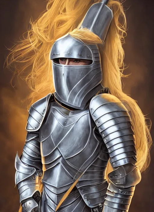 Image similar to handsome young knight with a beautiful face and clear skin, long blond hair, wearing an intricate and detailed plate armor, no helmet, high resolution, clear image, digital art, studio photo, 4 k, clear lines