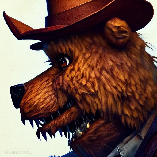 Image similar to a beautiful portrait commission of freddy fazbear,realistic,hyperdetailed,photorealistic,detailed face,art by greg rutkowski,trevor henderson,ross tran,artstation,deviantart,4k,western comic style,sharp lineart,professional lighting,professional shading,award winning