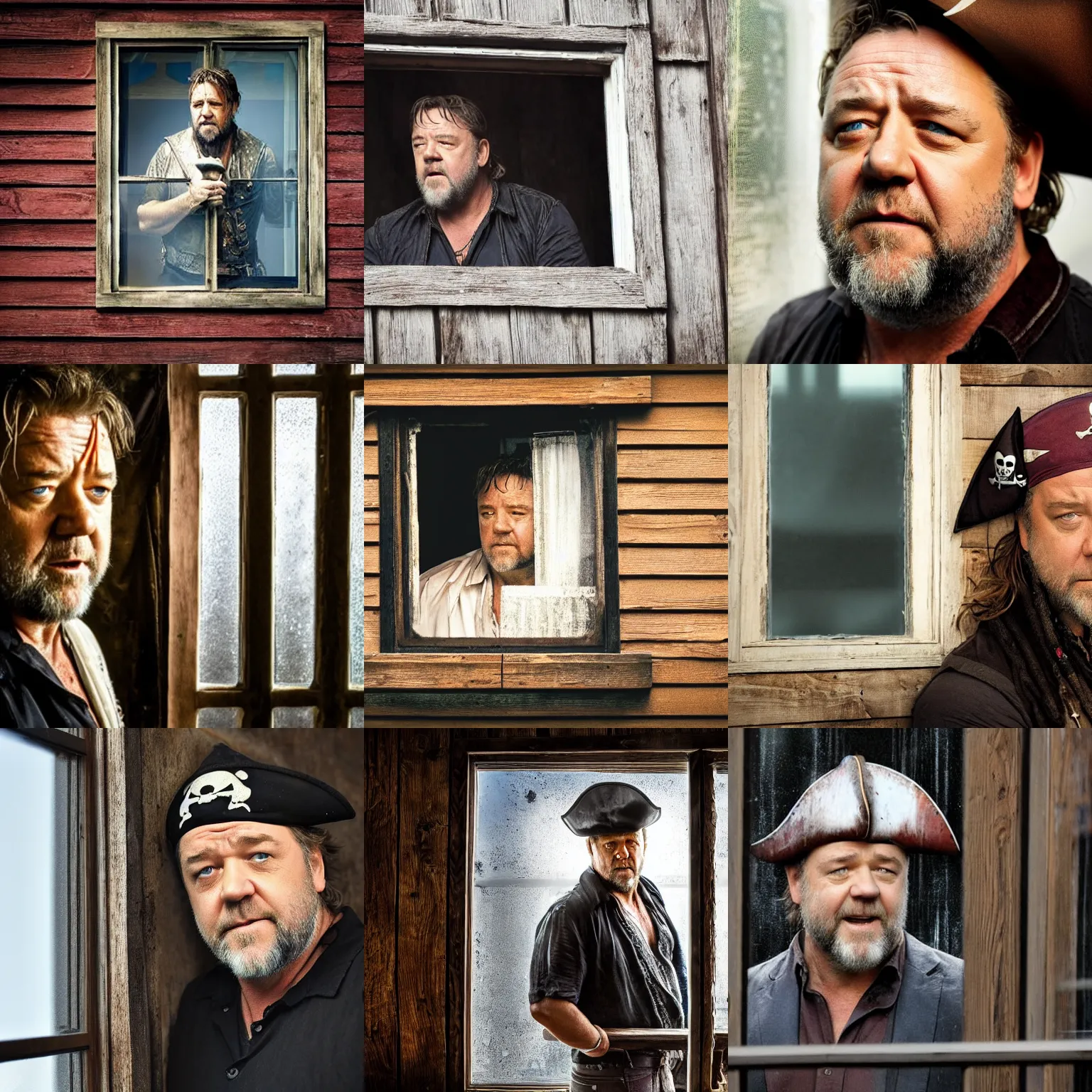 Prompt: russell crowe wearing a pirate hat behind a dirty window and wooden wall staring out