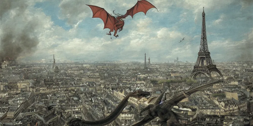 Prompt: a dragon attacking paris