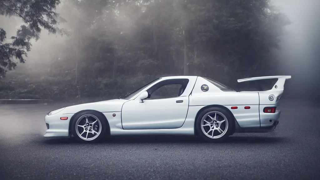 Prompt: a jdm mazda rx - 7, cinematic, long exposure, white balance, 8 k, led, lumen global illumination, fog, ray tracing reflections