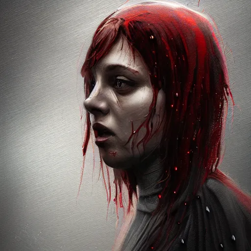 Prompt: impudent facial expression of a shameless woman, impudent facial expression of shameless woman, atmosphere of bloody rain, cross in the distance, trending on artstation, highly detailed, digital painting, volumetric light, concept art, sharp focus, illustration