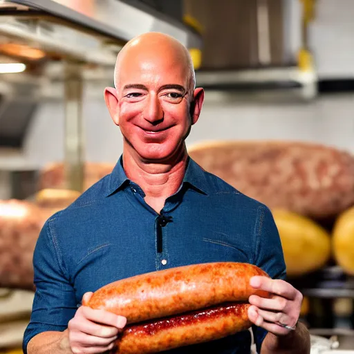 Image similar to jeff bezos launching a new type of sausage, smiling, happy, product launch, sausage, food photography, announcement, canon eos r 3, f / 1. 4, iso 2 0 0, 1 / 1 6 0 s, 8 k, raw, unedited, symmetrical balance, wide angle