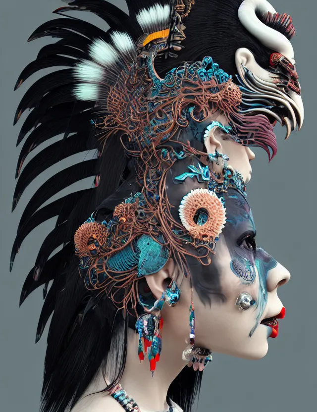 Image similar to 3 d goddess close - up profile portrait punk with mohawk with ram skull. beautiful intricately detailed japanese crow kitsune mask and clasical japanese kimono. betta fish, jellyfish phoenix, bio luminescent, plasma, ice, water, wind, creature, artwork by tooth wu and wlop and beeple and greg rutkowski