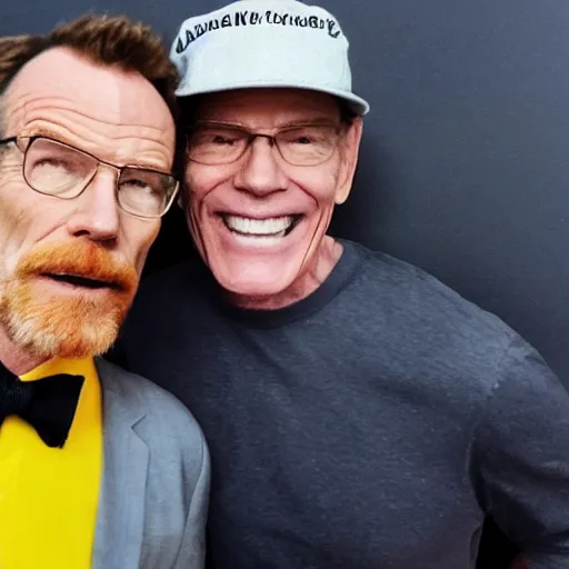Prompt: A still of Jerma taking a selfie with Bryan Cranston in Albuquerque, New Mexico with a yellow filter, real life, hyperrealistic, ultra realistic, realistic, highly detailed, epic, HD quality, 8k resolution, body and headshot, Trending on Artstation, very realistic