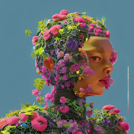 Prompt: colourful vfx art - portrait of aremy mech robot wrapped in flowers & vines, art by hsiao - ron cheng & james jean, volumetric light, ray tracing, sharp, detailed, digital painting, illustration, highly detailed, intricate detail, unreal engine, octane render, pinterest, behance, art station,
