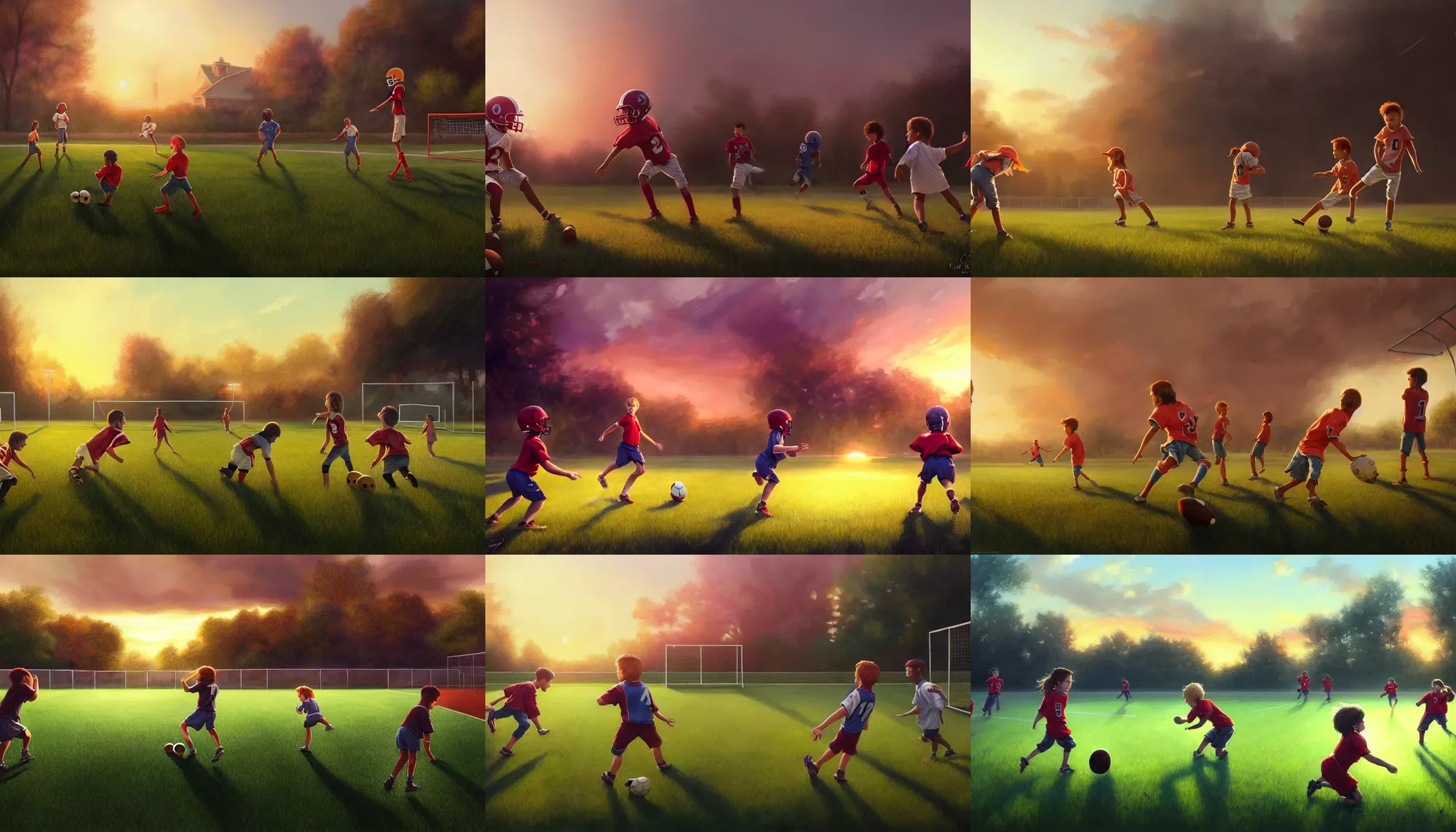 Image similar to beautiful painting of backyard football field with a pair of playing children during sunset, wide shot, digital painting, intricate details, trending on artstation, concept art, octane render, realistic, highly detailed, smooth, sharp focus, beautiful, 4 k, 8 k, hd, art by charlie bowater and artgerm and greg rutkowski