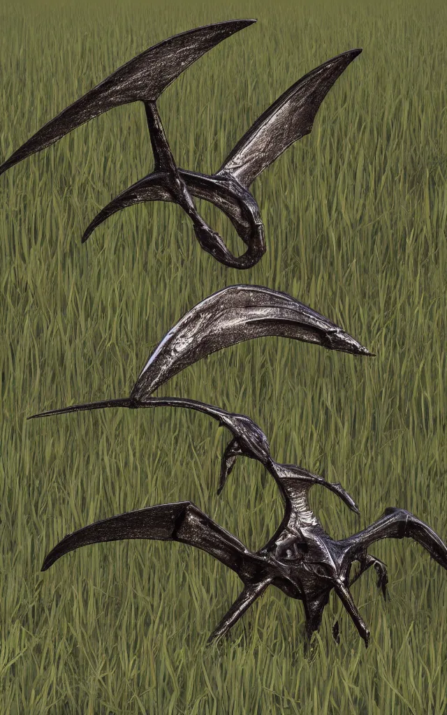 Image similar to metallic iron pterodactyl living in a swamp, photorealistic, photography, trail cam