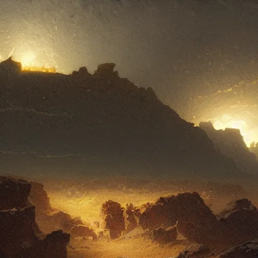 Prompt: an oil painting of a dry and cracked desert on an alien planet with an electrical storm above by carl spitzweg tuomas korpi and greg rutkowski