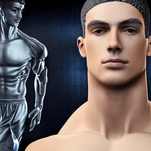 Image similar to a realistic detailed photo of a guy who is an attractive humanoid who is half robot and half humanoid, who is a male android, attractive and handsome soccer players, shiny skin, posing like a statue, blank stare, in a factory, on display, showing off his muscles, wearing soccer shorts, side view, looking at each other mindlessly