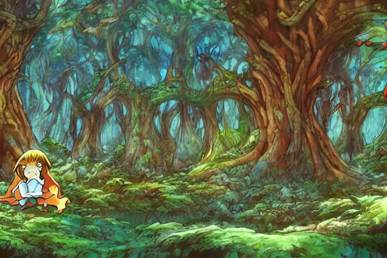 Image similar to fairy kingdom forest, cellshaded, nausicaa anime style