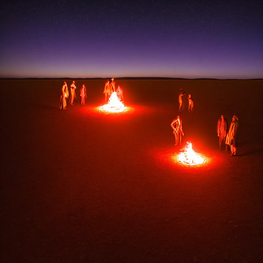 Prompt: atmospheric long exposure night photograph of three ravers, two men, one woman, woman is in a trenchcoat, blessing the soil at night, people facing fire circle, two aboriginal elders, dancefloor kismet, diverse costumes, clean composition, desert transition area, bonfire, atmospheric night, australian desert, symmetry, sony a 7 r