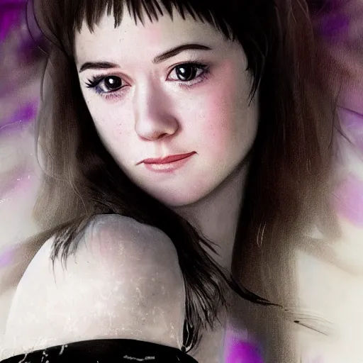 Prompt: young Mary Elizabeth Winstead, clothed in a dress of black roses looking searchingly into your eyes. fractal lighting. charcoal shadowing. minute detail. blended shadowing. tricolors. ultra colorful. perfect lighting. perfect pose. exact replication of a young Mary Elizabeth Winstead.
