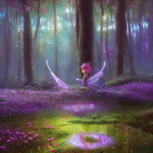 Prompt: may 1 0, 1 9 9 2, iridescent fairy forest, beautiful oil painting, trending on artstation, hyperdetailed, cinematic lighting, painterly