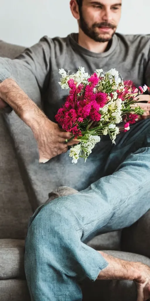 Prompt: a man sitting on the couch with a bunch of flowers in his hand